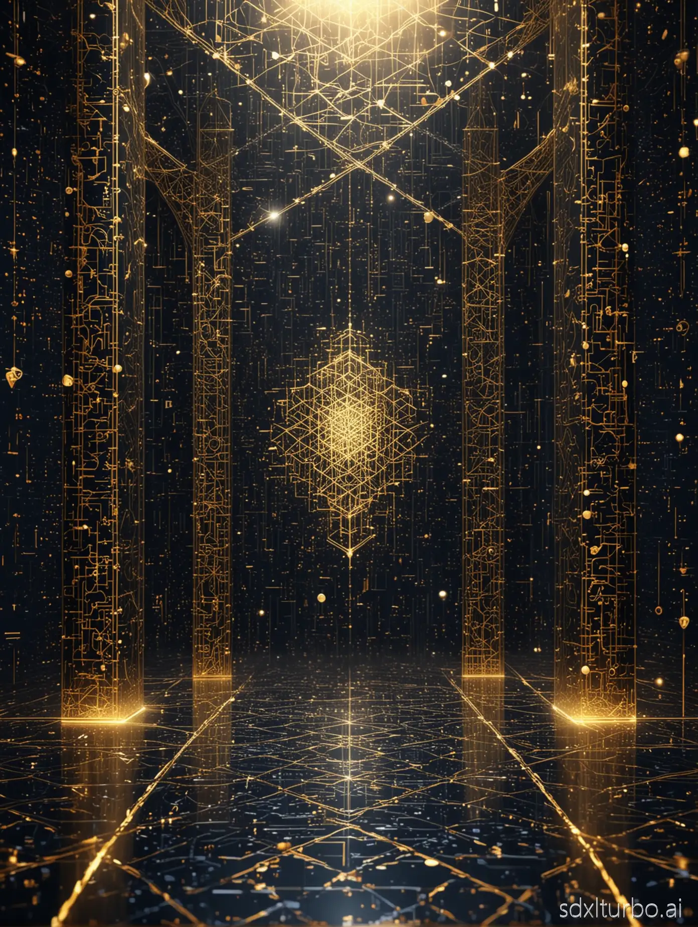 futuristic abstract background representing academic and Islamic research, inspired by digital innovation and Islamic geometry, glowing data streams, geometric light patterns, holographic elements, symbolizing knowledge and enlightenment, luxurious color palette of black, gold, navy blue, and white, subtle reflections, soft cinematic lighting, ultra-detailed, elegant and modern style, vertical composition, no people, no text