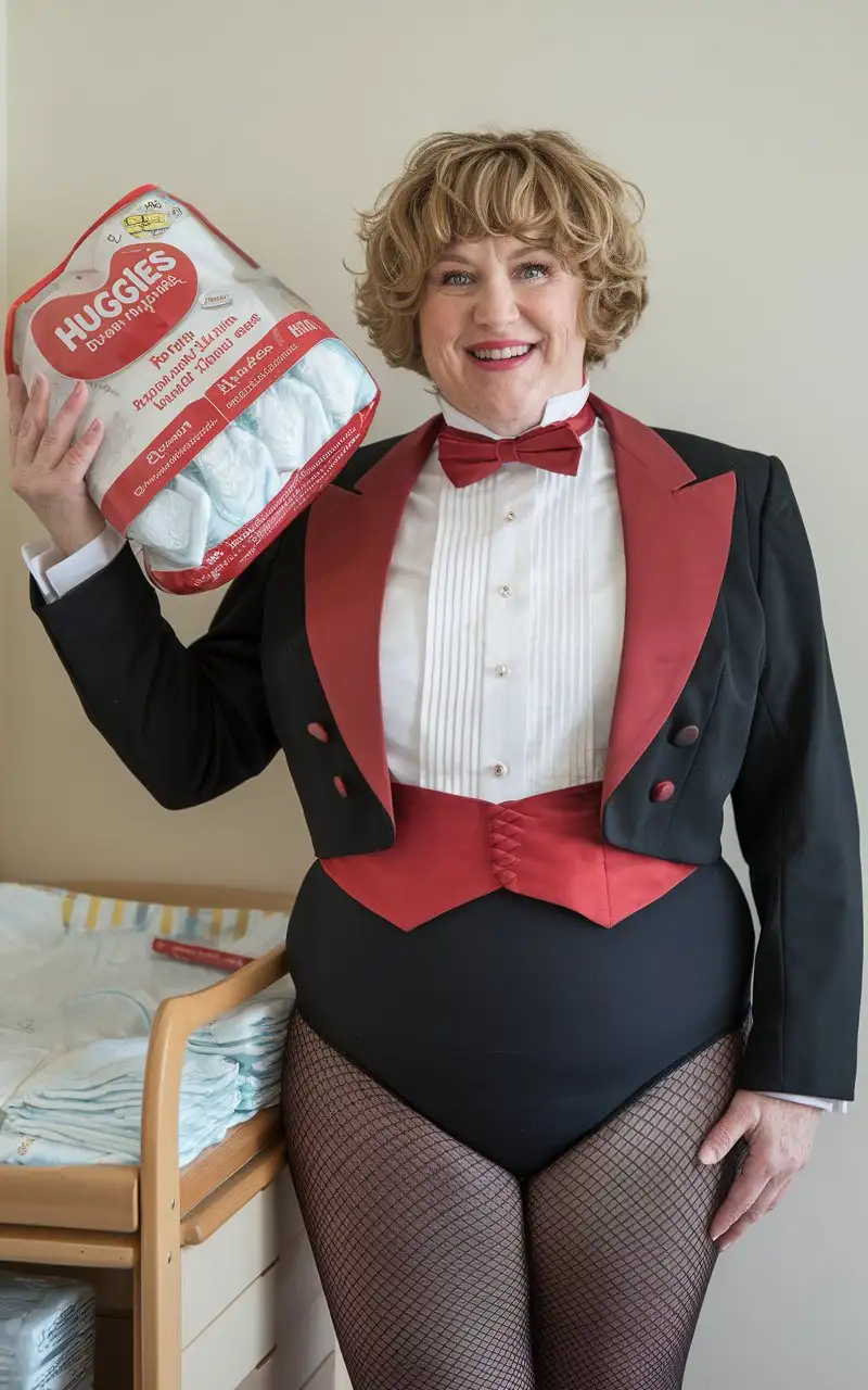 Smiling-Caucasian-Woman-in-Formal-Tuxedo-with-Huggies-Package-in-Nursery