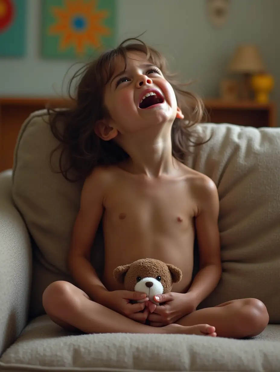 Skinny-Little-Girl-Crying-on-Couch-in-Playroom-Holding-Stuffed-Animal