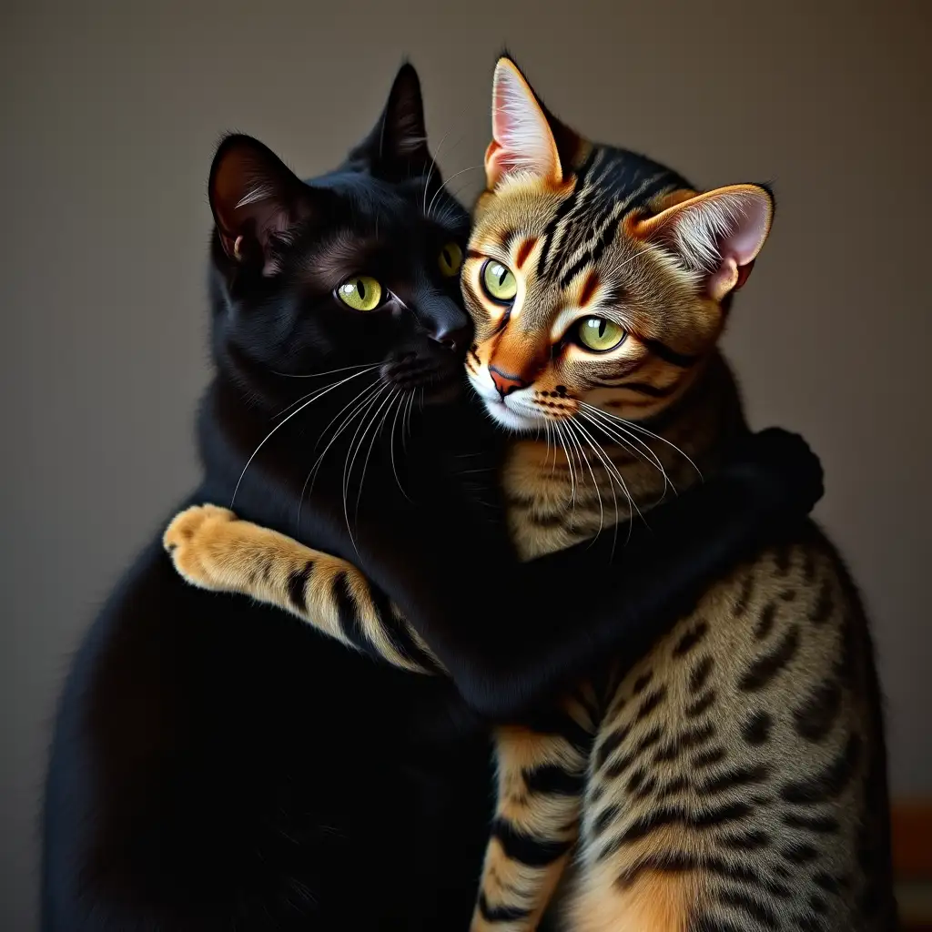 Black cat and tiger striped cat hugging each other