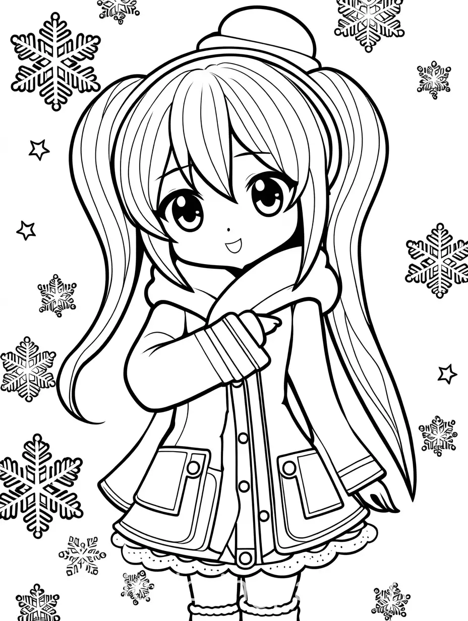 Hatsune-Miku-Cozy-Winter-Coloring-Page-with-Snowman-and-Snowflakes