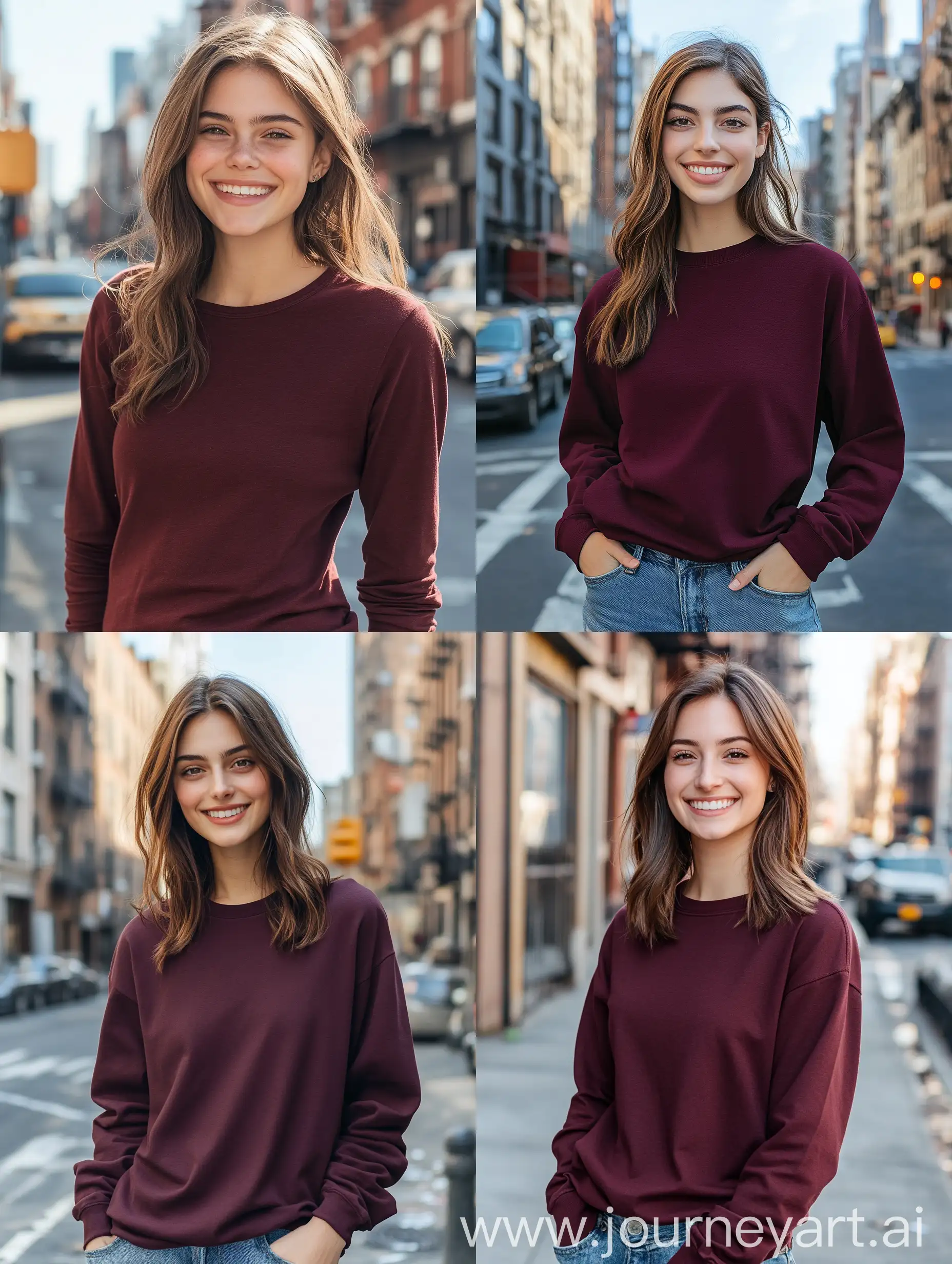 Smiling-Young-Woman-in-Maroon-Long-Sleeve-Shirt-Bowery-NYC-Background