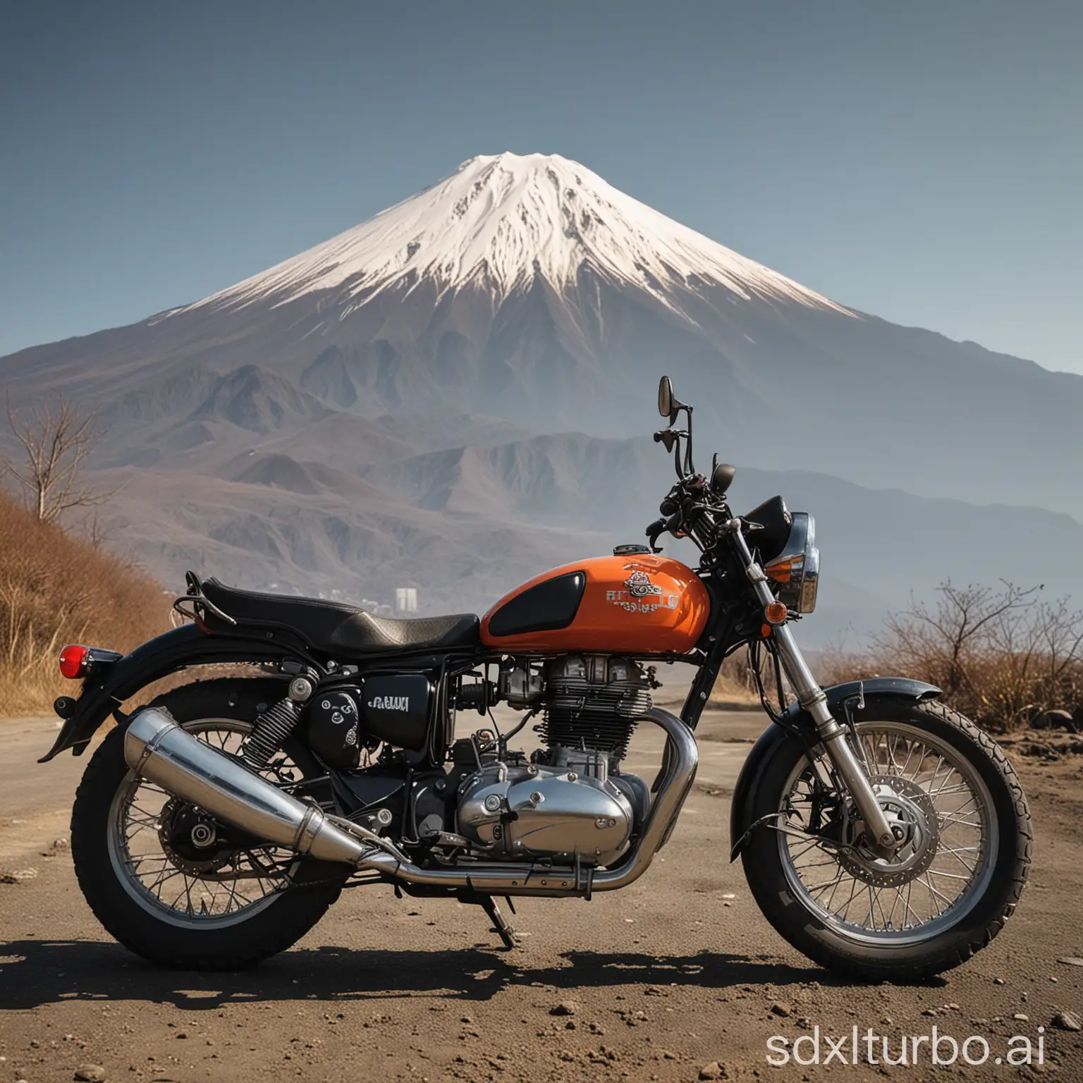 A royal enfield scram 411 bike parked in front of Mount Fuji