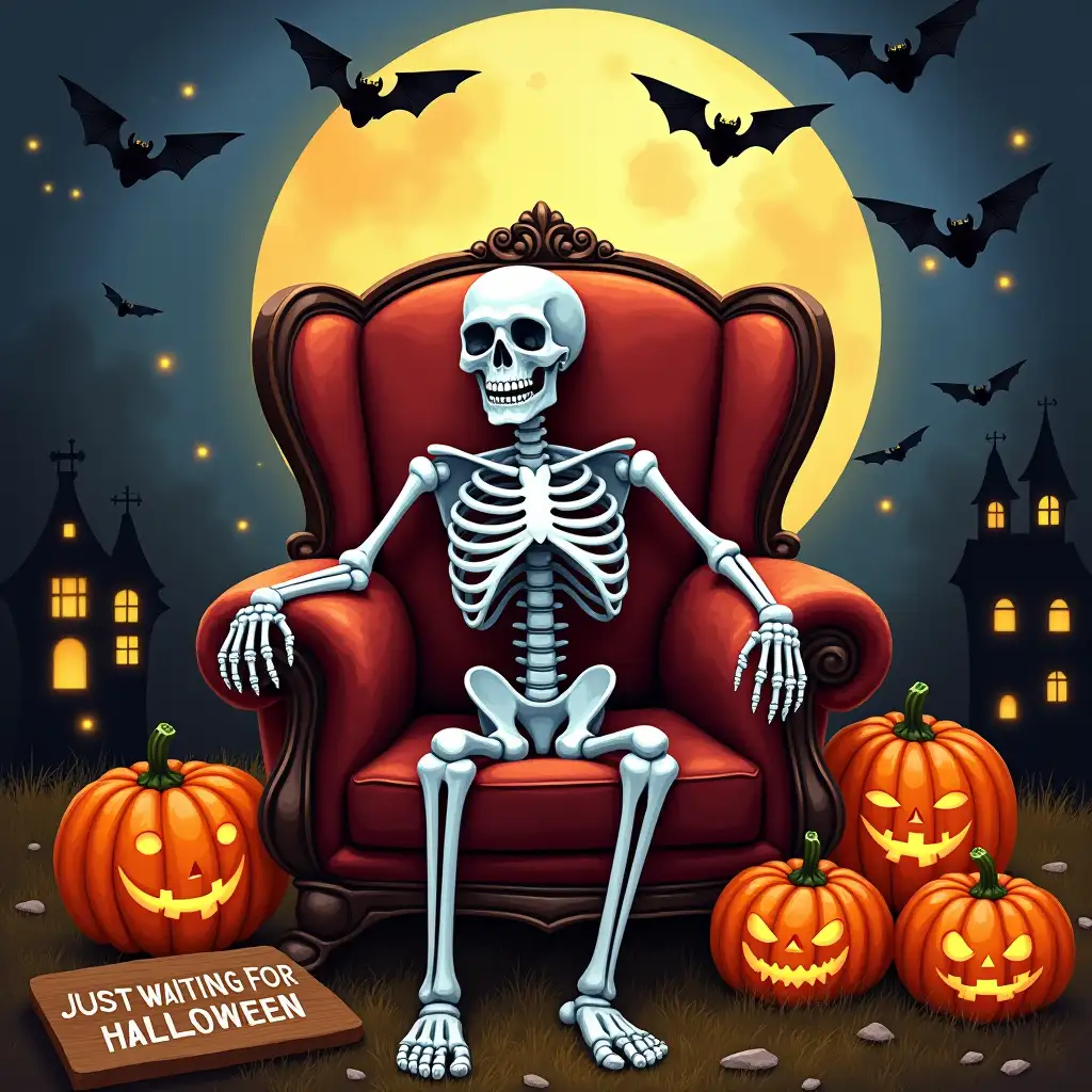 Vector, Oil painting, 64k. A skeletal figure with a mischievous grin, seated in a plush armchair surrounded by a collection of carved pumpkins. Bats flutter overhead, and a full moon illuminates the scene. The overall style is detailed and vibrant, with a focus on the playful and spooky elements of Halloween.featuring the word 'JUST WAITING FOR HALLOWEEN' in bold, wooden plate next to the skeleton.