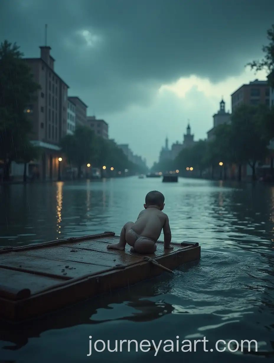 Baby-on-Wooden-Raft-Drifting-Through-City-Flood-with-Dark-Clouds-and-Thunderstorm