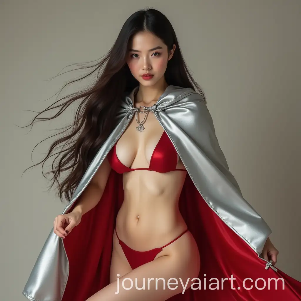 Beautiful-Young-Chinese-Woman-in-Silver-Satin-Cloak-with-Red-Lining-and-Bikini