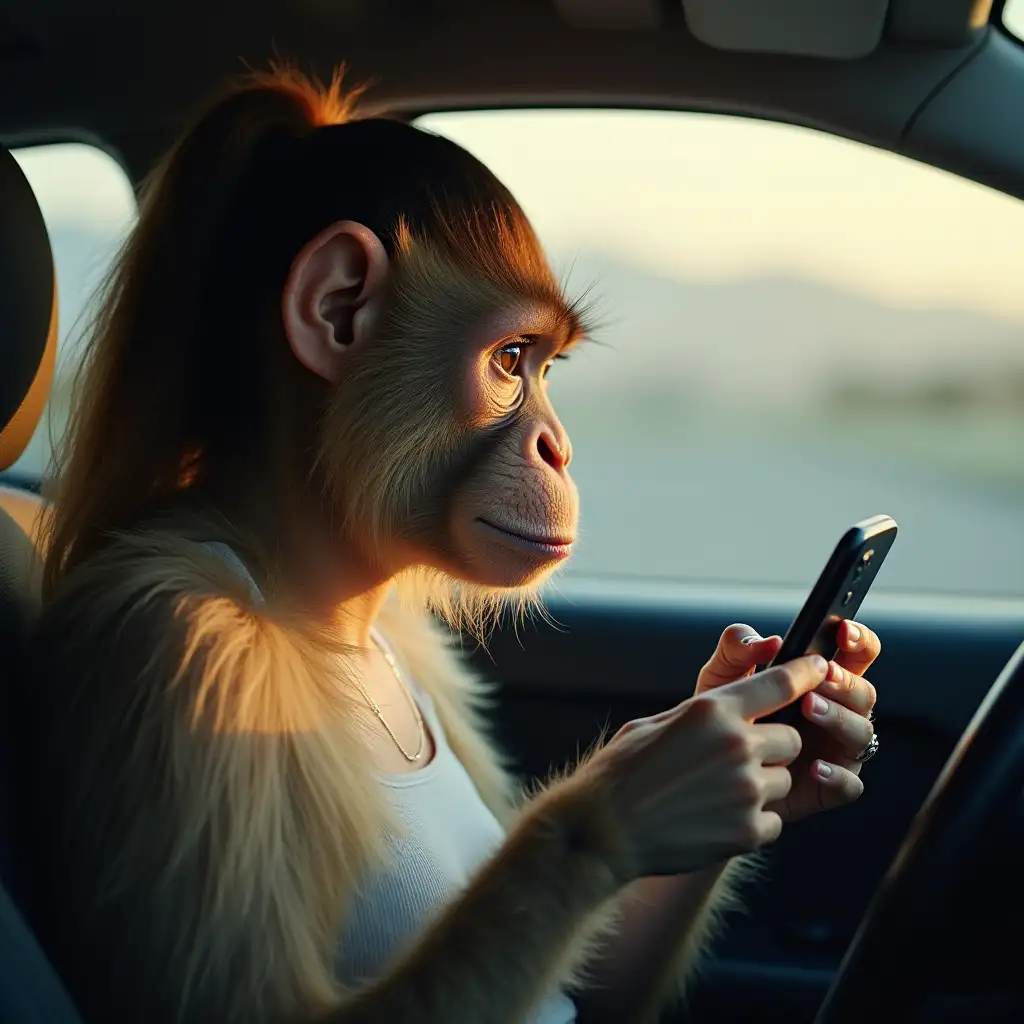 a woman with a monkey's face drives and types on a smartphone