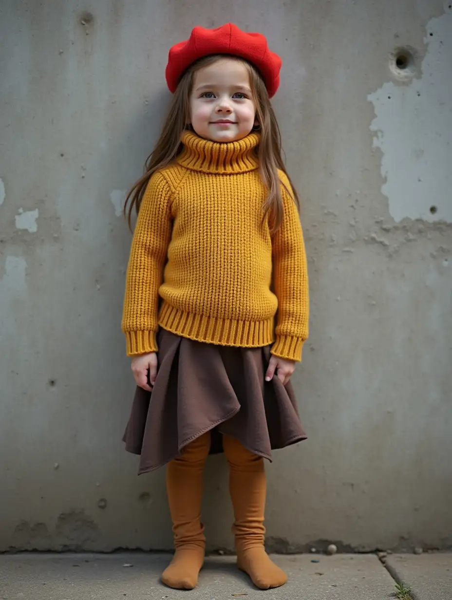 10YearOld-Girl-in-Mustard-Yellow-Sweater-and-Red-Beret-Standing-Near-Grey-Concrete-Wall