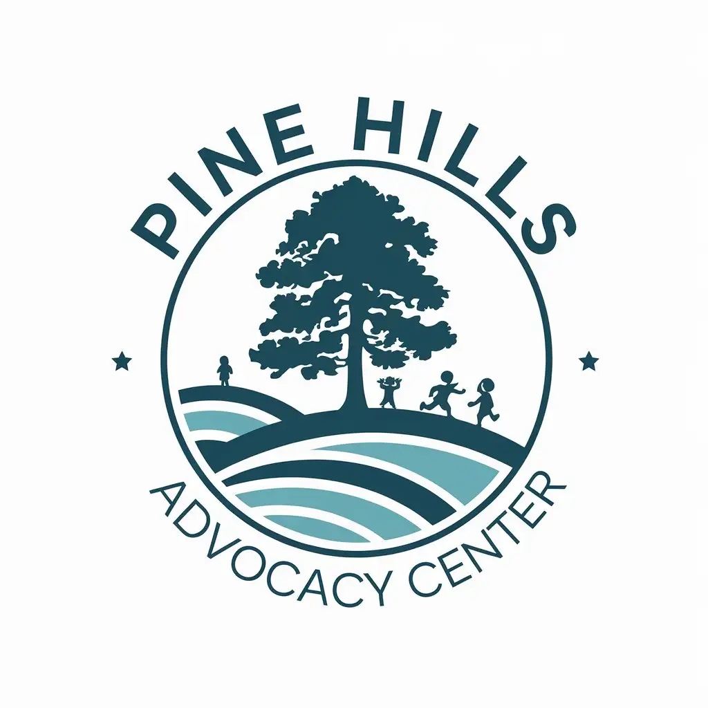 LOGO Design for Pine Hills Advocacy Center Loblolly Pine Tree and Rolling Hills Theme in Sky Blue and Teal