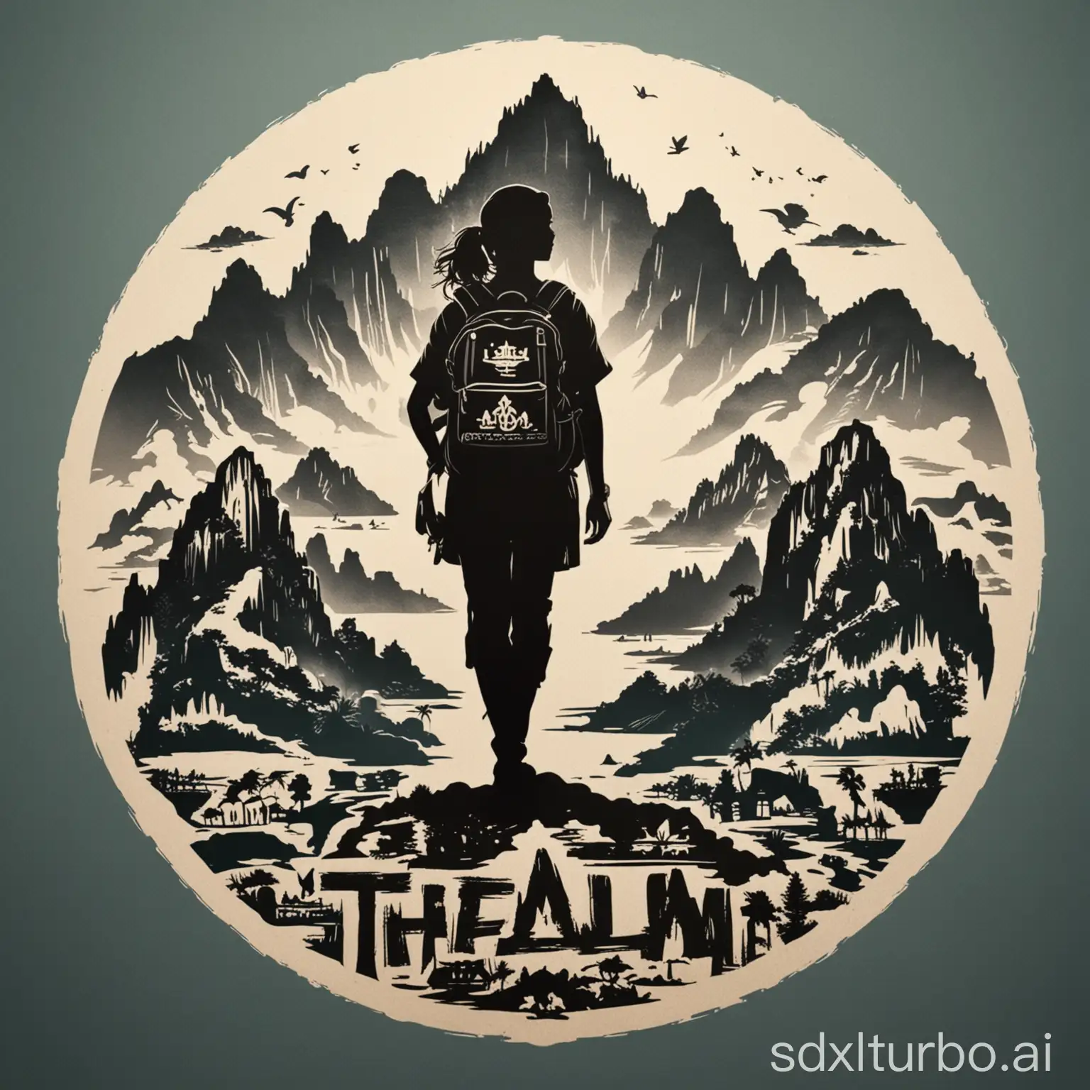 Logo of a silhouette of a woman with a backpack, surrounded by symbols of Thailand, China, Sri Lanka, Portugal, USA, and Canada. Elements like mountains, beaches, and cities. Adventurous and inspiring.