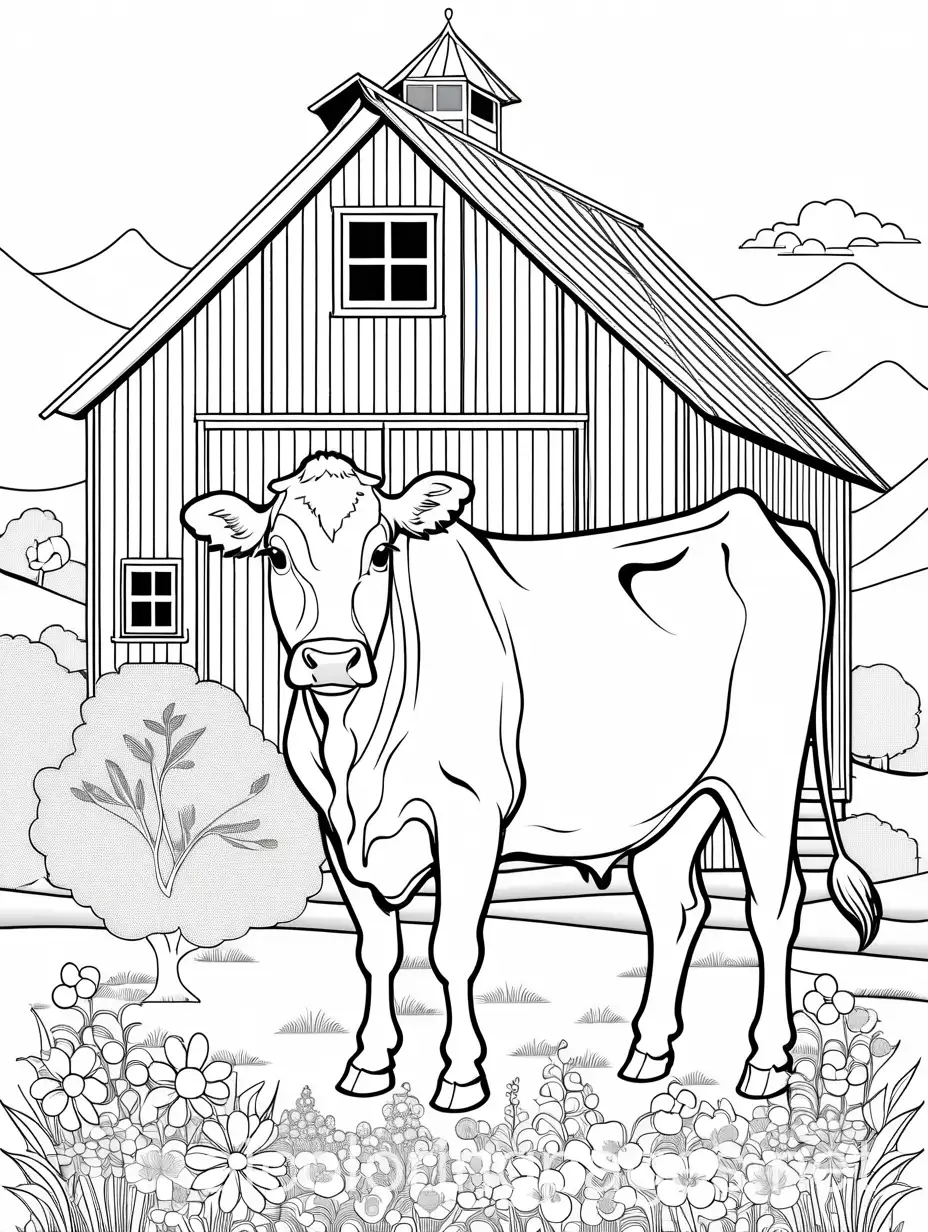 Barn-with-Cow-and-Flowers-Coloring-Page