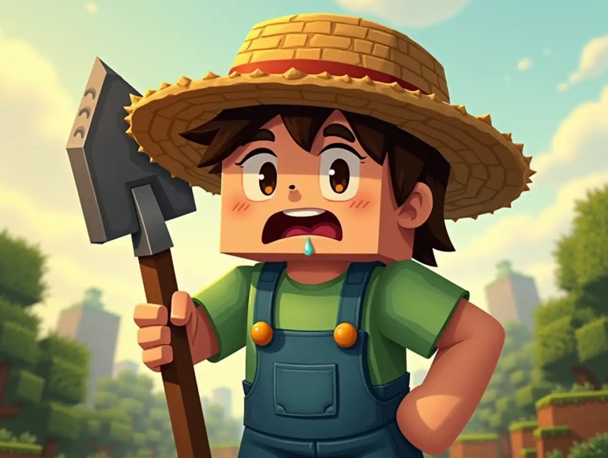 steve from minecraft farmer, drooling from the mouth, silly look, a straw hat on his head, holding a shovel, in cartoon style