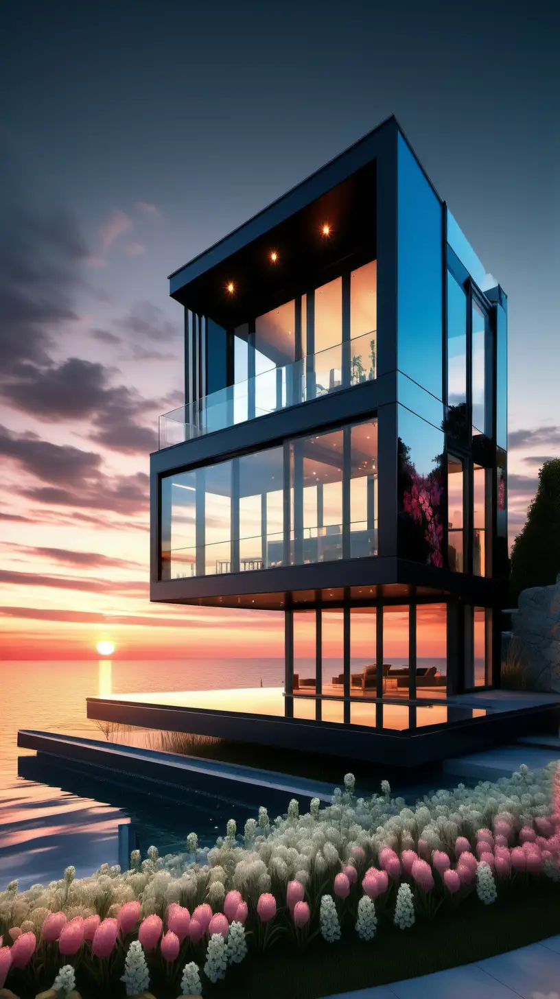 Seaside Glass Villa at Sunset with Modern Design and Spring Flowers