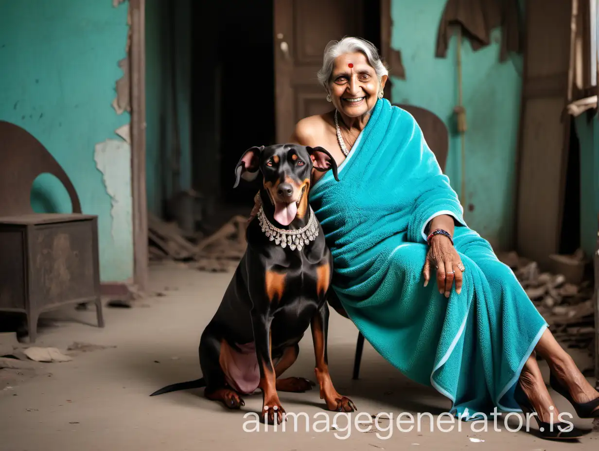 Happy-Indian-Senior-Woman-with-Dobermann-Dog-in-Abandoned-Building