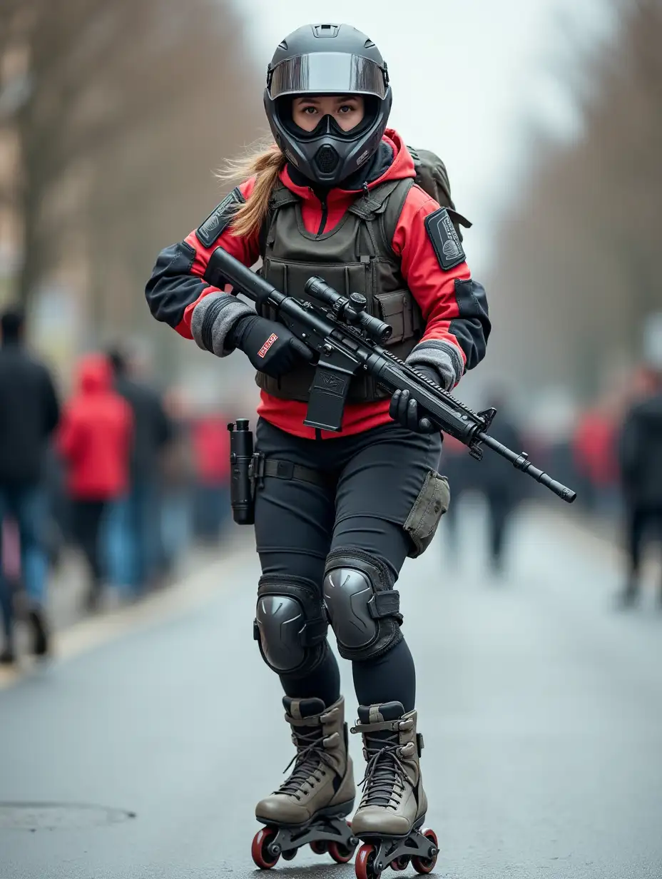 a 17 year old airsoft geared woman at a distance, she is skating on a street, holding a weapon, ordinary people in background, clothes have racing colors, she is wearing lots of functional sportswear, cycling gloves, airsoft helmet with transparent visor over eyes, smartwatch, thick plastic knee pads, modern inline skates with complete organized wheels