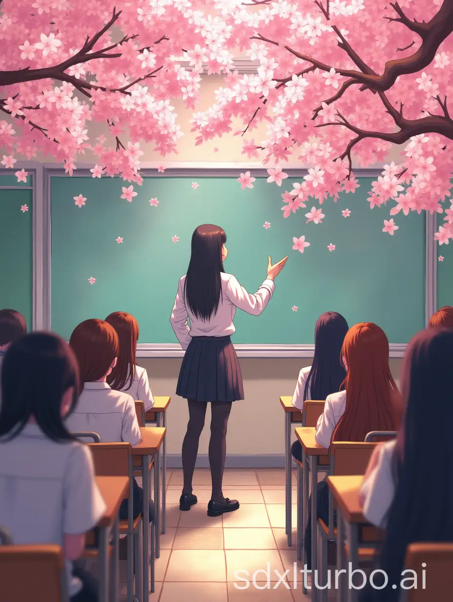 High-School-Classroom-Filled-with-Cherry-Blossoms-and-Engaged-Students