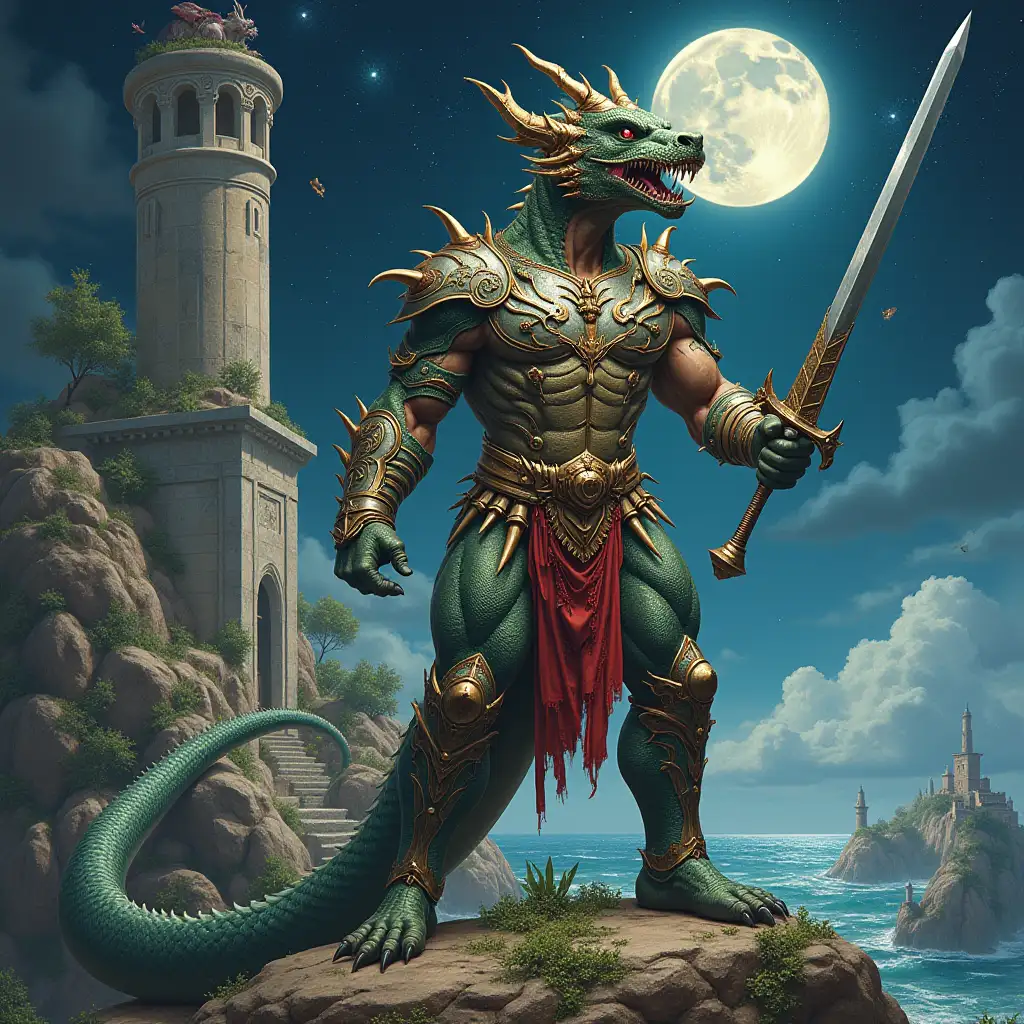 Ultradetailed hyperrealistic portrait of an armored bodybuilder with dragon head and dragon body and ,with a dragon sword in hand on a rock with plants with the feet in front of a ruin  with various strange creatures with intricately detailed, colorful sea,city,rock black mimmel with moon and bright stars