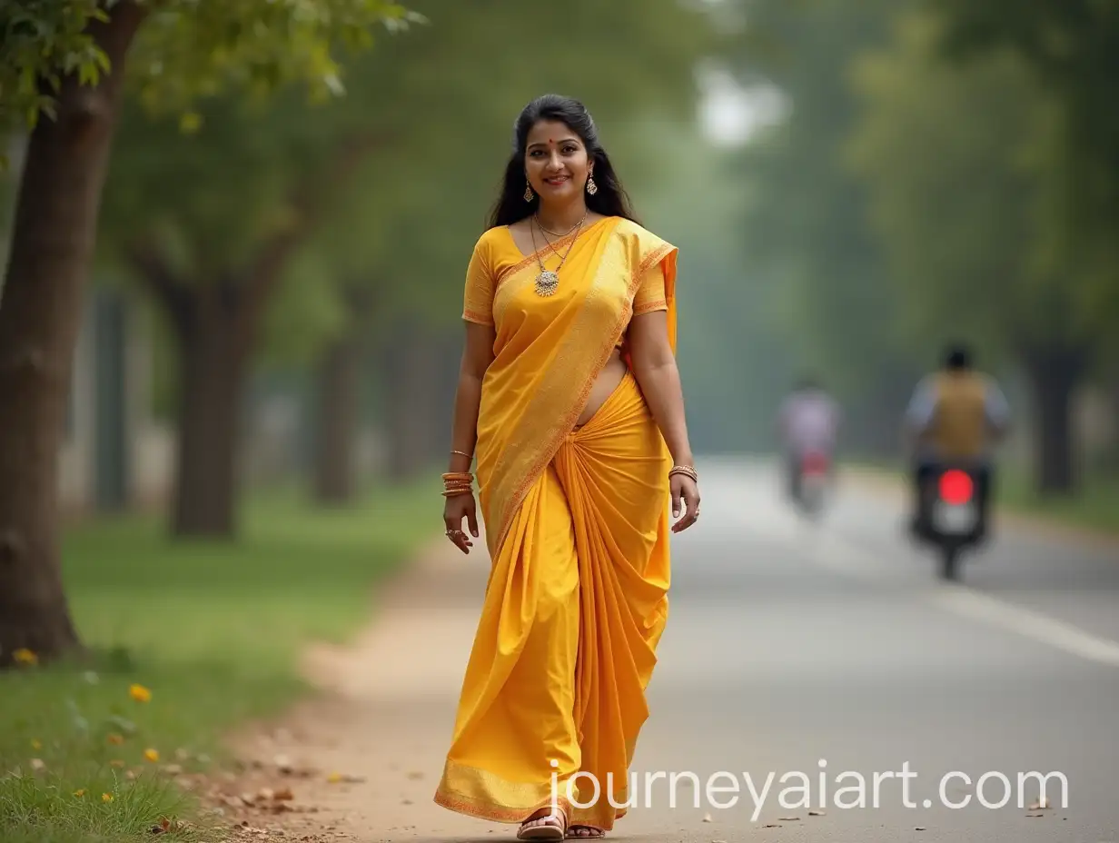 Indian-Woman-in-Traditional-Golden-Clothing-Walking-Gracefully-on-the-Road