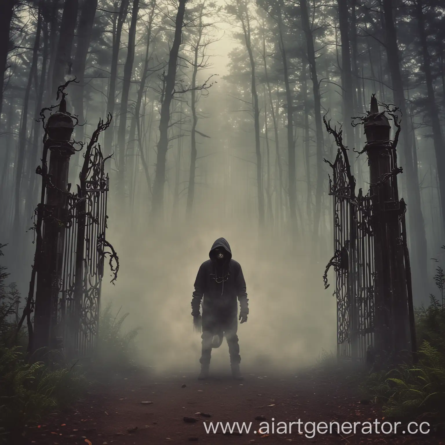 Hooded-Figure-in-Twilight-Forest-Amid-Smoke-and-Fog