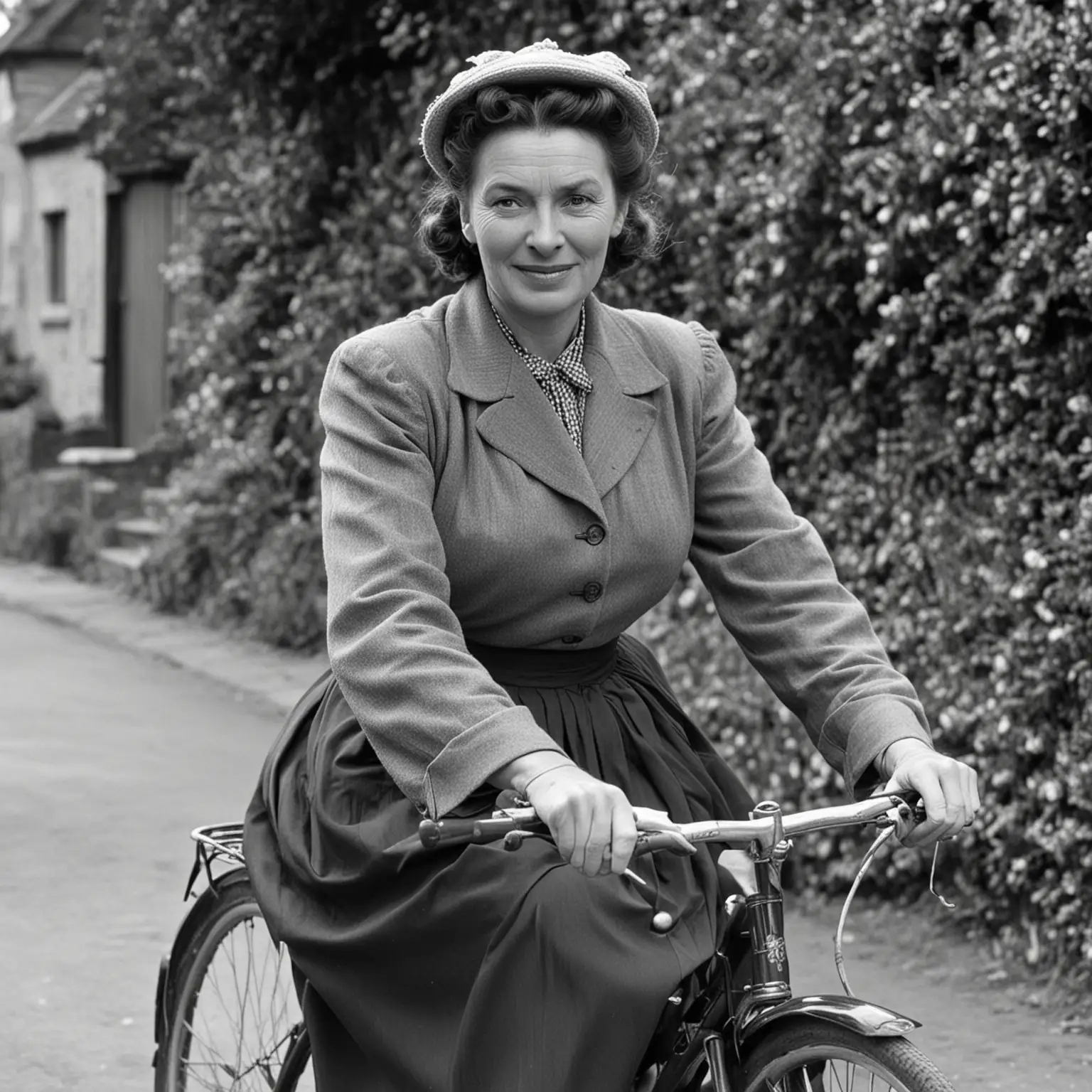 a middle-aged lady in 1946 in an English village riding her bicycle, she has a small hat one her head and she is wearing a long skirt.