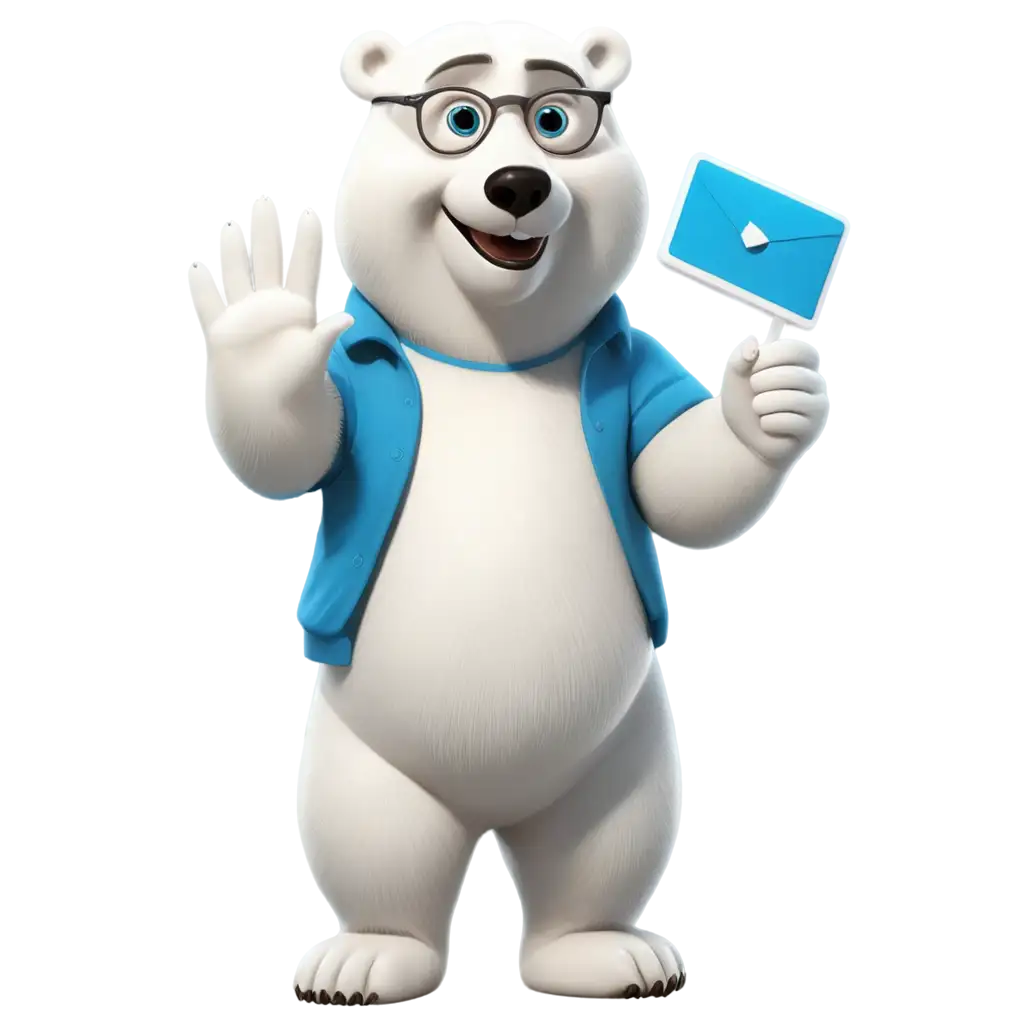 a vector animated adult friendly slightly chubby polar bear standing waving 'hi' wearing blue tshirt. have an eyes of an adorable wise owl wearing big eyeglasses.