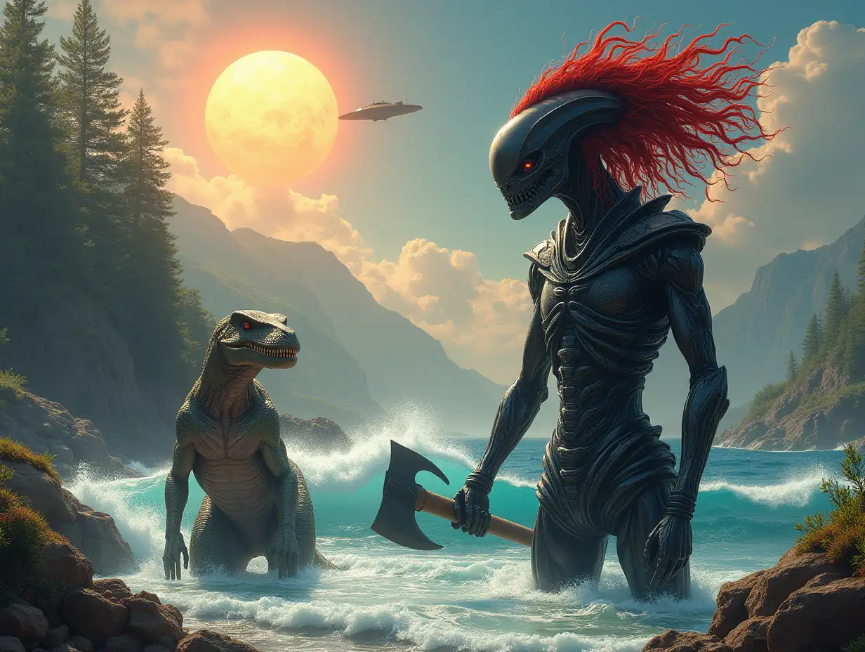 Hyperrealistic portrait of a 15 meter tall metal alien king with black and red metal hair, holding an ax in the sea, before a 5 meter raptor with waves on a rock with plants, in front of a detailed, colorful forested planet with sun and ufo background