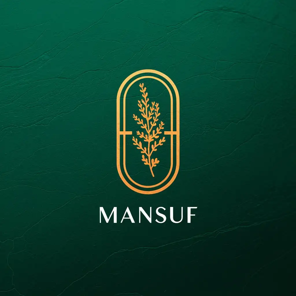 LOGO Design for MANSUF Golden Herb Branch in Oval Pill Shape with Emerald Green Backdrop