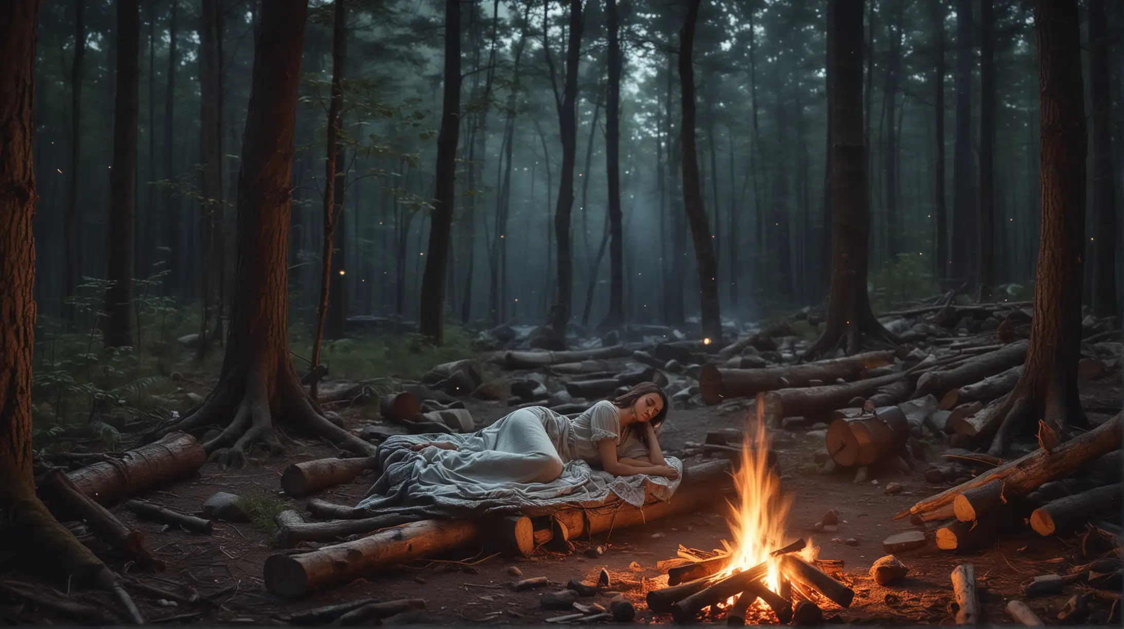 Tranquil Night Scene of a Woman Sleeping by a Campfire in a Magical Forest