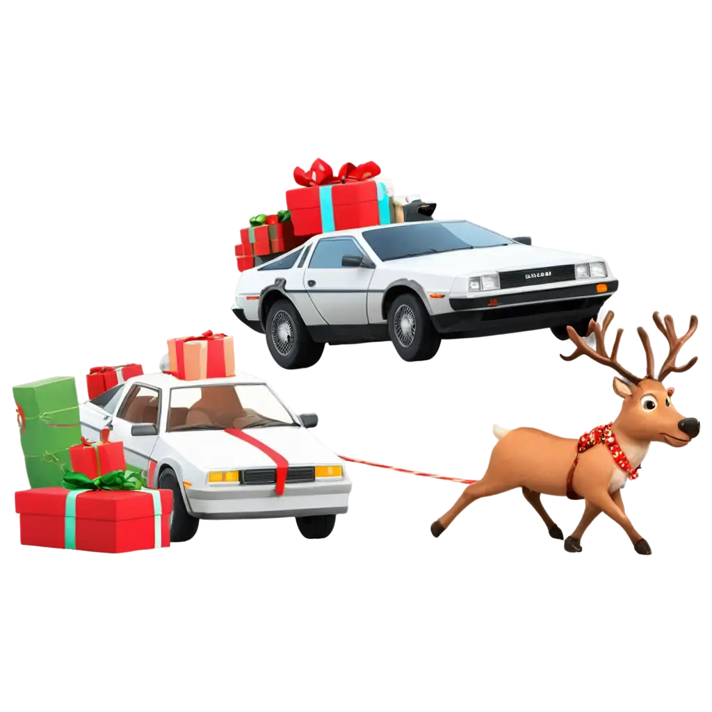 Delorean-Car-Pulled-by-Reindeer-Full-of-Gifts-PNG-Image-for-Holiday-and-Fantasy-Themes