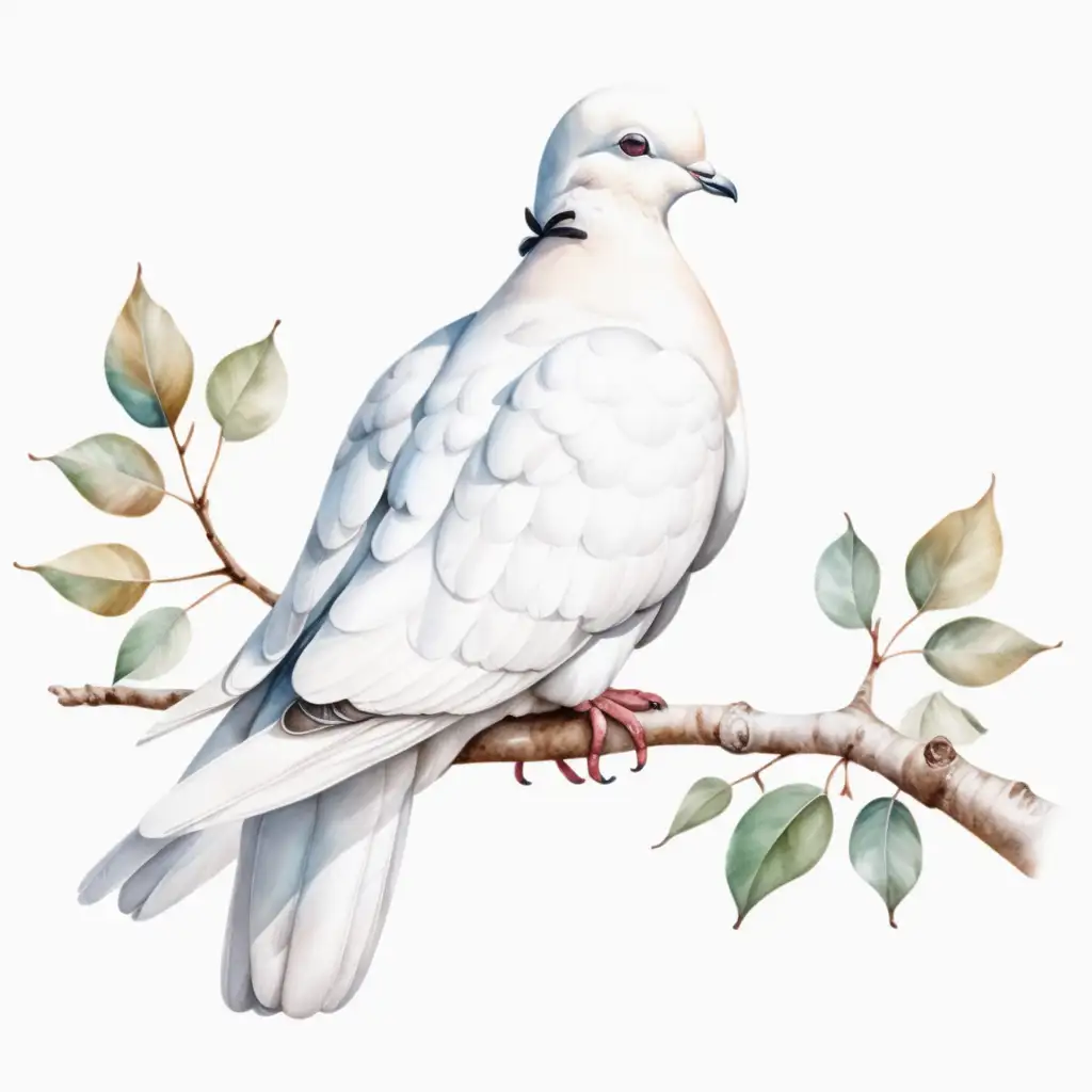 Aesthetic White Dove Sitting on Branch Watercolor Style