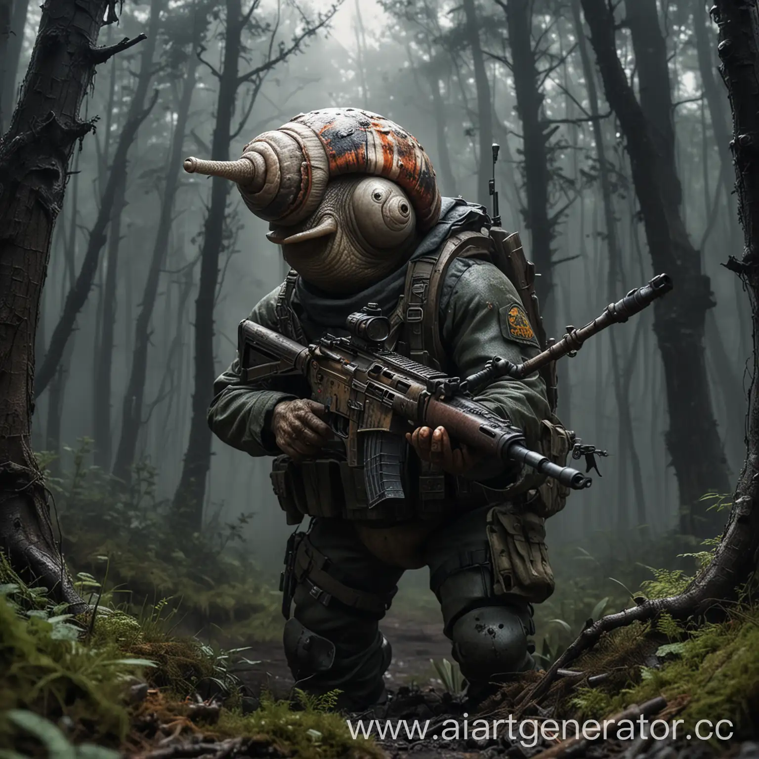 Gloomy-Combat-Snail-with-Battle-Paint-Holds-Automatic-Rifle-in-Dark-Forest