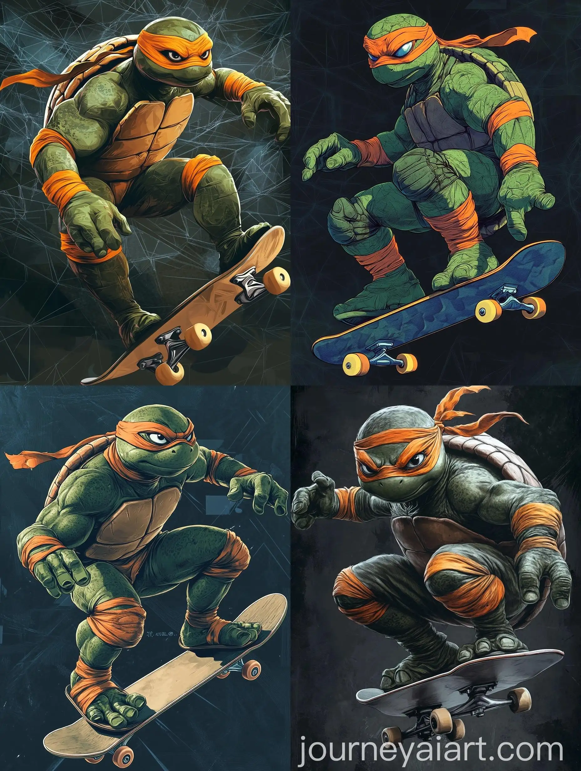 Michelangelo-Ninja-Turtle-Skateboarding-in-Polygonal-Cell-Background
