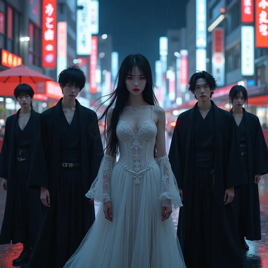 Japanese-Female-Vampire-in-Gothic-Lace-Gown-Surrounded-by-Male-Vampires-in-NeonLit-Shibuya-Street