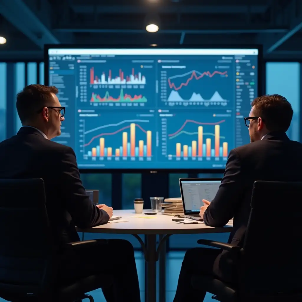 Consultants having a meeting in a well lit office, with analytics shown on a big screen in the background