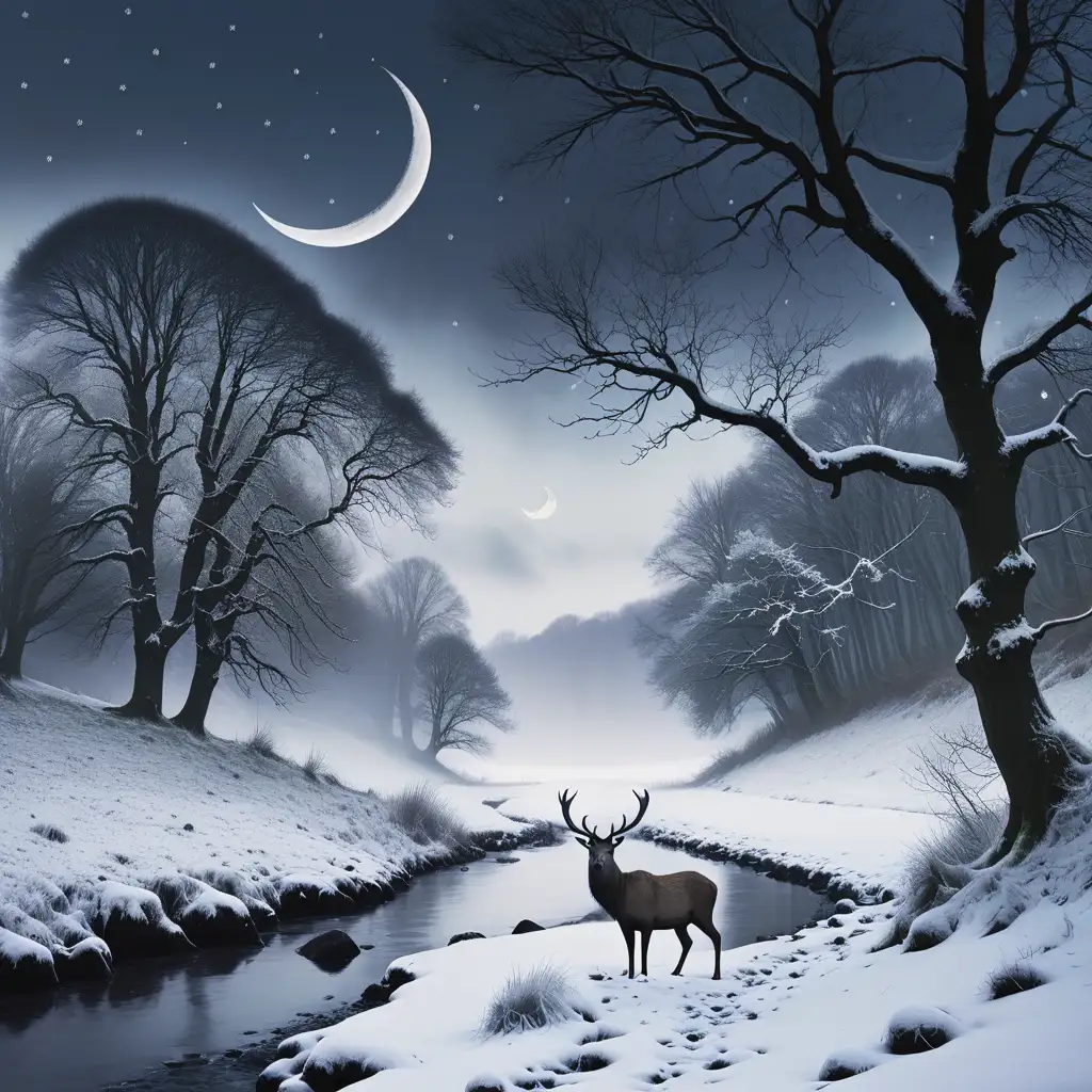 Misty Winter Woodland Scene with Stag by River Bank