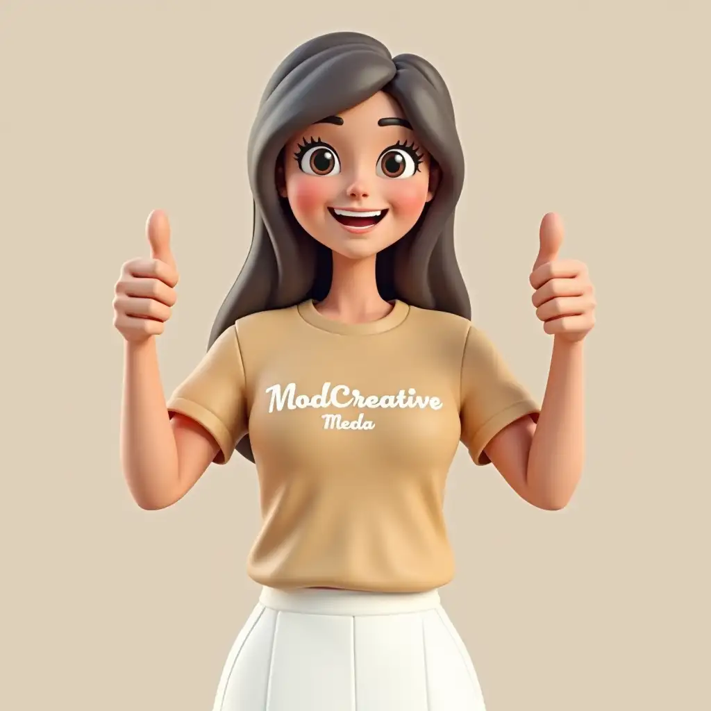 A 3d lady wearing a light brown tshirt with Modcreative Media written on it with white official skirt, raising thumbs up and smiling