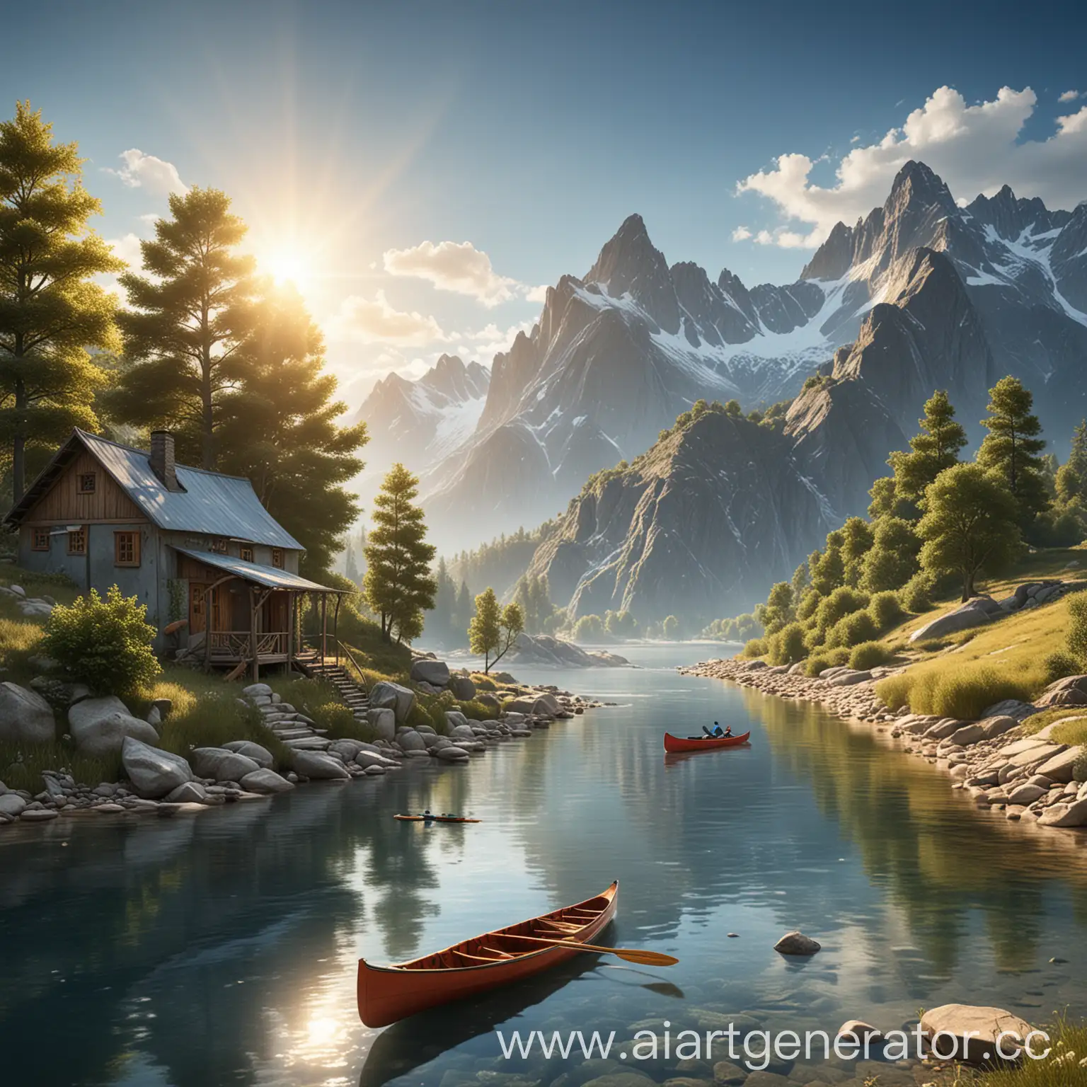 Magical-Landscape-with-Mountains-Rivers-and-Canoe-under-Blue-Sky