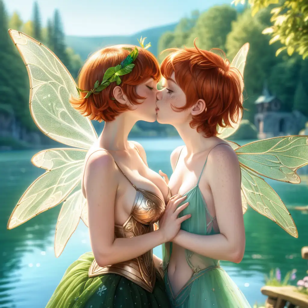 Two-Women-Kissing-in-a-Crowded-Fairy-Village-by-the-Lake-on-a-Sunny-Day