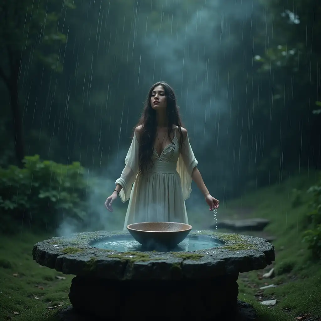 A rain summoning ritual, a young beautiful witch dances around a stone altar, she is facing the audience, the girl's eyes are closed. On the altar stands a beautiful bowl with water