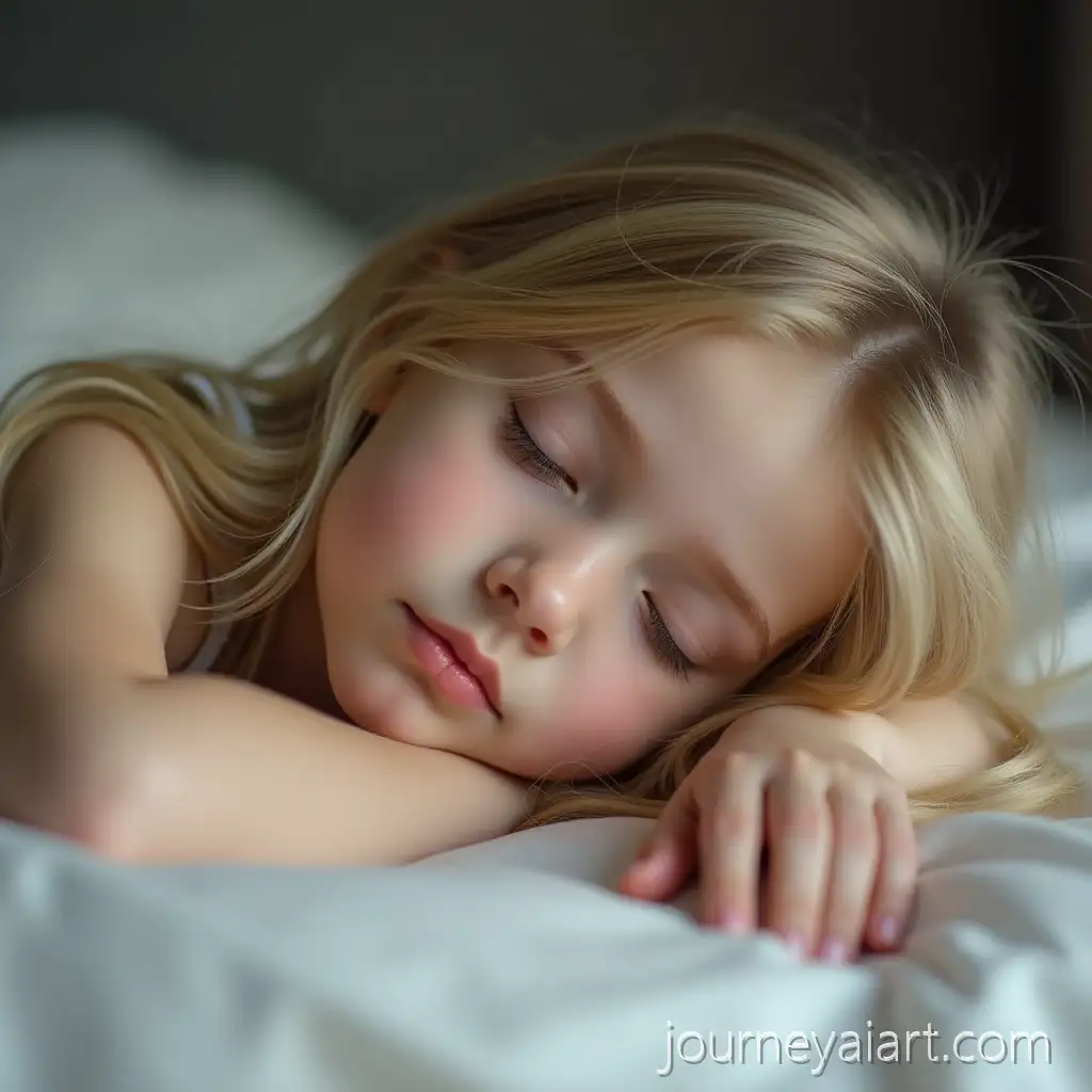 Blonde-Girl-Relaxing-on-Bed-with-Gentle-Expression-and-HalfClosed-Eyes