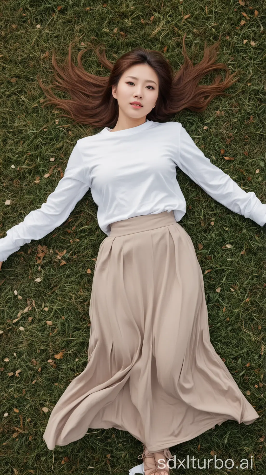 Chinese-Woman-in-Winter-Lying-on-Grassland-Aerial-View