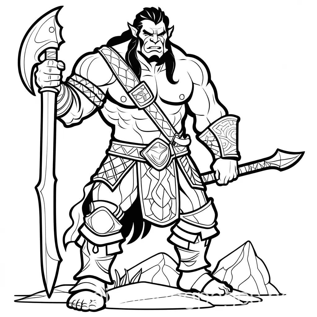 half-orc, barbarian, fantasy, axe, Coloring Page, black and white, line art, white background, Simplicity, Ample White Space. The background of the coloring page is plain white to make it easy for young children to color within the lines. The outlines of all the subjects are easy to distinguish, making it simple for kids to color without too much difficulty