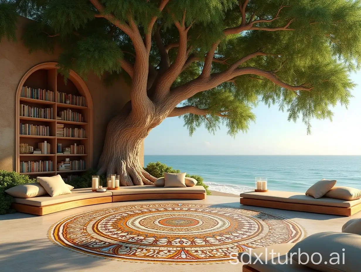 Green-Oak-Tree-with-Carved-Books-Mandala-Mosaic-and-Yoga-Style-Seating