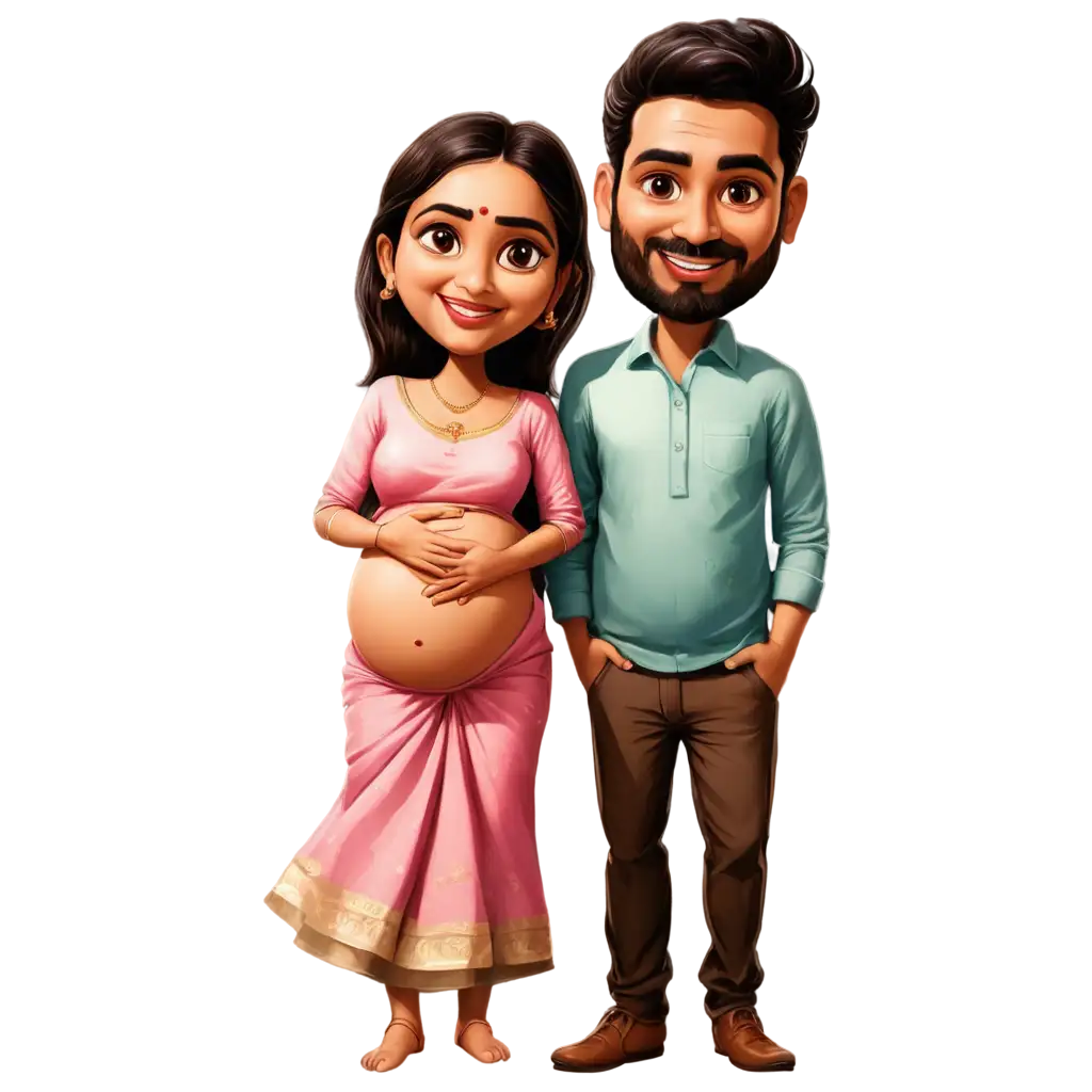 South-Indian-Pregnant-Couple-Caricature-with-Baby-PNG-Image