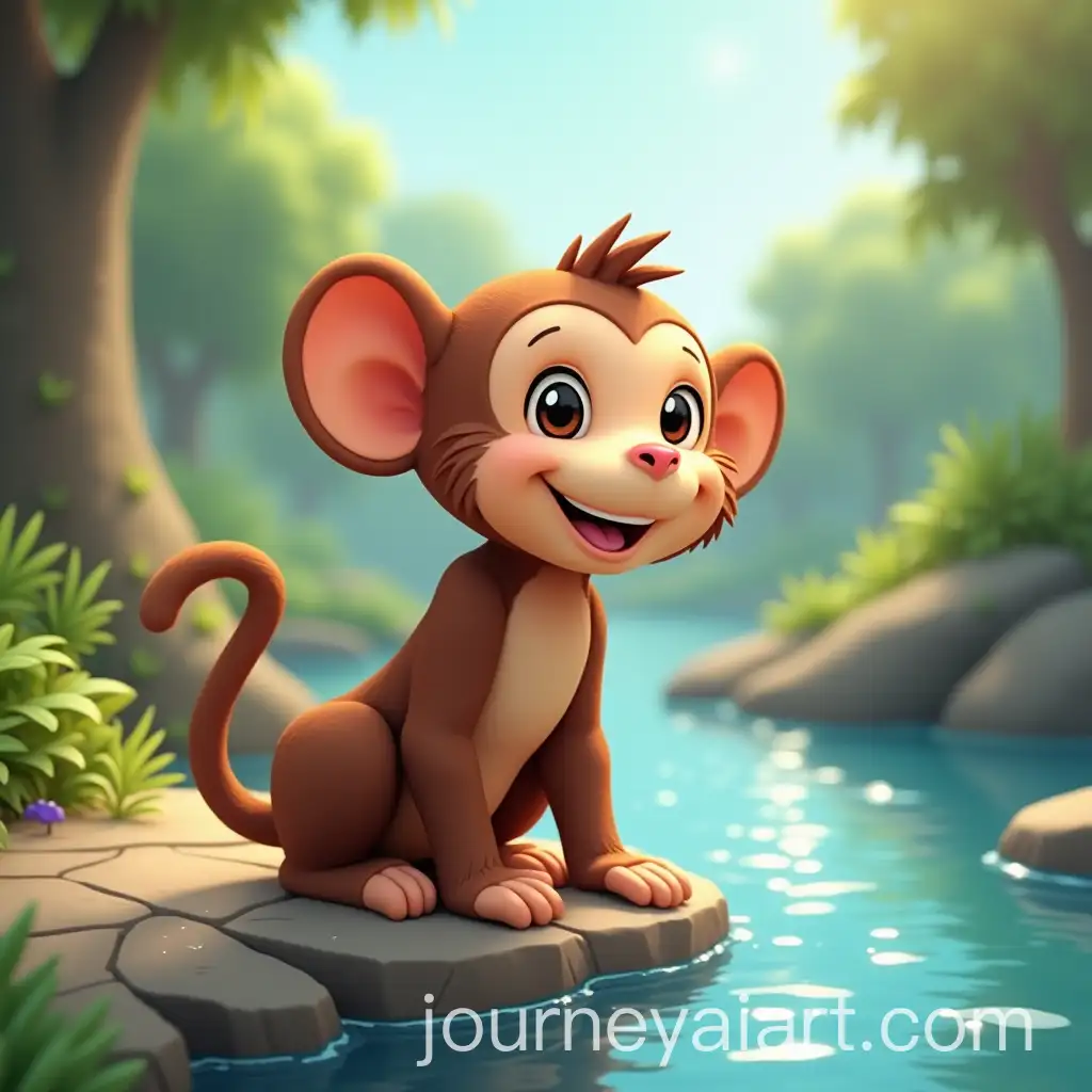 Playful-Cartoon-Monkey-Sitting-by-Sparkling-River-in-3D