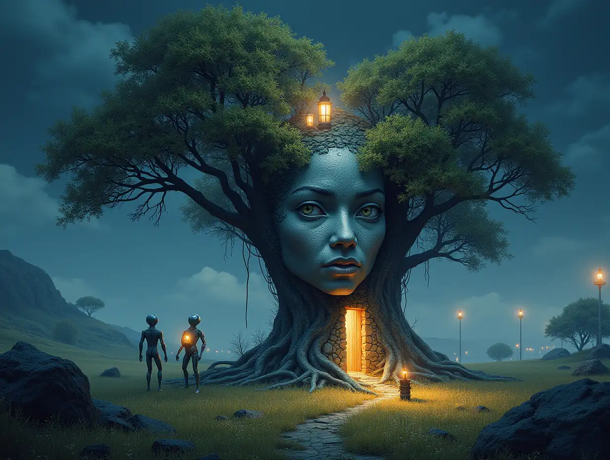 Creating a digital painting of a face with hair transforming into a building with silver stones and Illuminated trees with roots and lantern and alien creatures on a meadow