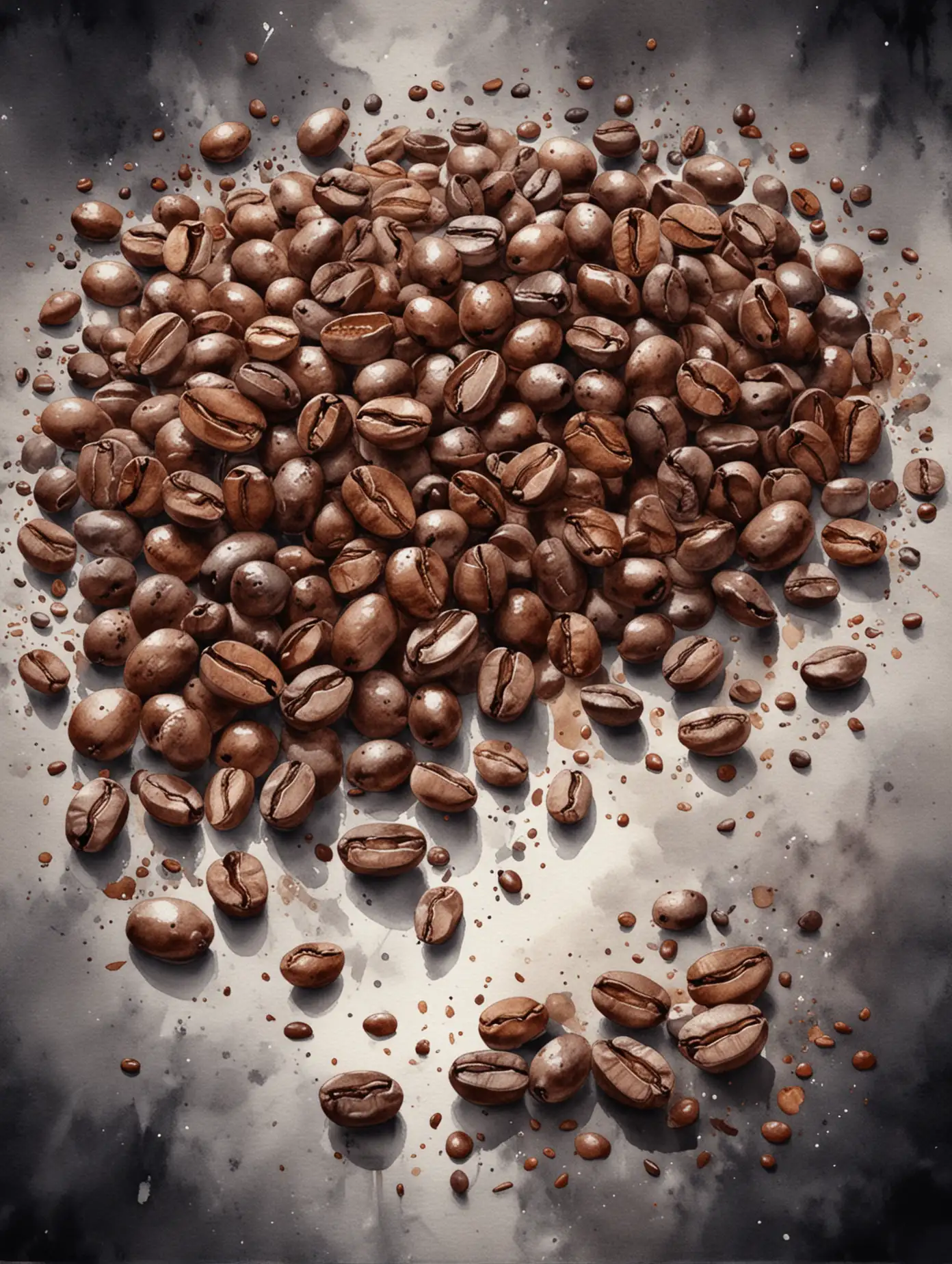 coffee beans scattered, coffee cafe on a dark background, watercolor drawing, detailed sketch, high quality