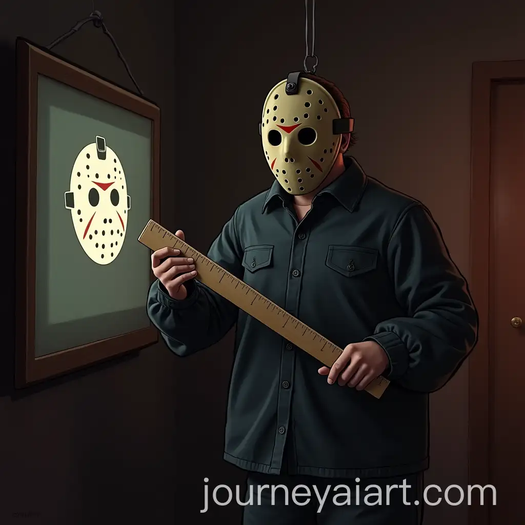 Jason-Voorhees-Holding-a-Masons-Ruler-and-Framed-Silkscreen-Design