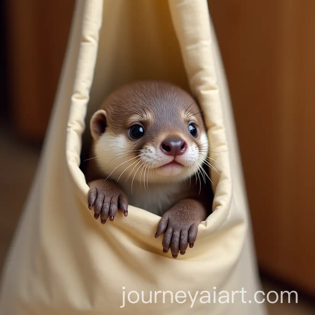 Adorable-Baby-Otter-in-Cozy-Hanging-Fabric-Pouch-with-Soft-Lighting