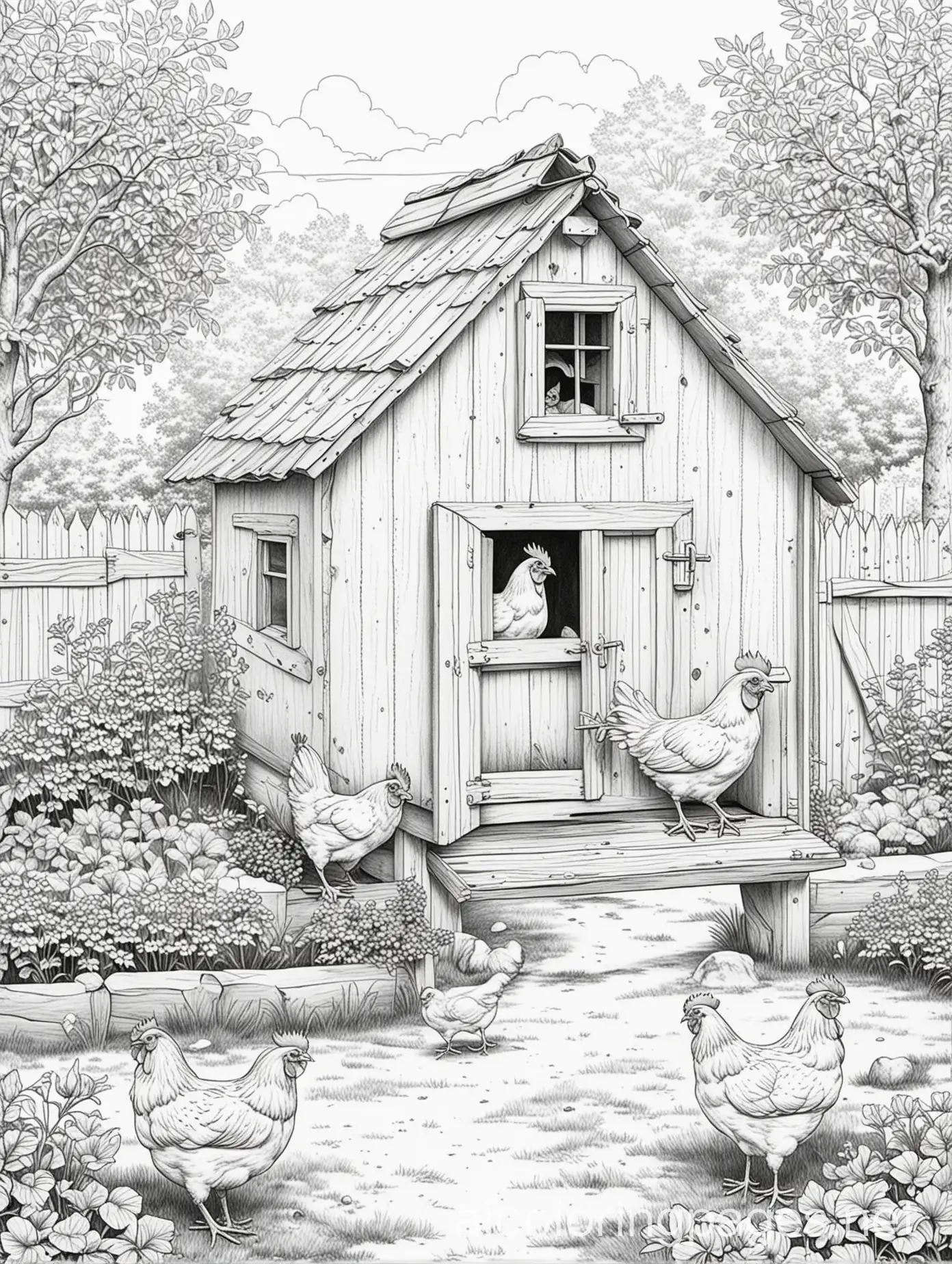 Simple-Black-and-White-Chicken-Coop-Coloring-Page-for-Kids